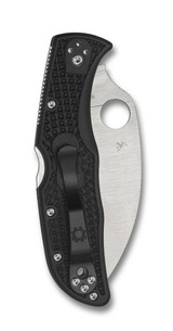 Spyderco Endela folding knife with thumb hole - shown closed pocket clip side.  Satin VG-10 stainless steel, wharncliffe, serrated edge blade.  Black FRN handle.  Model C243FSWCBK.