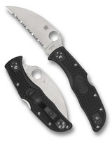 Spyderco Endela folding knife with thumb hole - shown open presentation side and closed pocket clip side.  Satin VG-10 stainless steel, wharncliffe, serrated edge blade.  Black FRN handle.  Model C243FSWCBK.