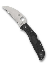 Spyderco Endela folding knife with thumb hole - shown open presentation side.  Satin VG-10 stainless steel, wharncliffe, serrated edge blade.  Black FRN handle.  Model C243FSWCBK.