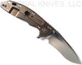 Rick Hinderer Knives XM-18 3.5" Recurve folding knife with thumb stud and flipper tab - shown open lock side.  Stonewash 20CV stainless steel plain edge blade.  Black G-10 handle with stonewash bronze lock side.  Model KXM35REC.