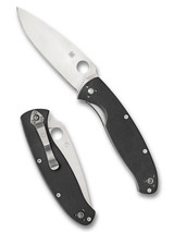 Spyderco Resilience folding knife with thumb hole - shown open presentation side and closed pocket clip side.  Satin 8Cr13MoV stainless steel plain edge blade.  Black G-10 handle.  Model C142GP.