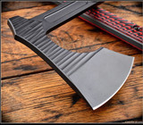 RMJ Tactical 3V Syndicate Raven tomahawk - shown close up of head out of sheath reverse.  Textured black Cerakote CPM-3V steel plain edge head.  Black Widow G-10 handle.
For reference only.
