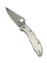 Spyderco Delica 4 folding knife with thumb hole - shown open presentation side.  VG-10 Damascus steel plain edge blade.  Titanium handle.  Model C11TIPD.