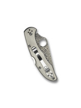 Spyderco Delica 4 folding knife with thumb hole - shown closed pocket clip side.  VG-10 Damascus steel plain edge blade.  Titanium handle.  Model C11TIPD.