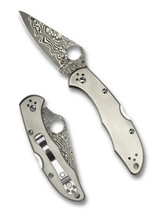 Spyderco Delica 4 folding knife with thumb hole - shown open presentation side and closed pocket clip side.  VG-10 Damascus steel plain edge blade.  Titanium handle.  Model C11TIPD.