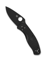 Spyderco Persistence folding knife with thumb hole - shown open presentation side.  Black 8Cr13MoV stainless steel plain edge blade.  Black FRN handle.  Model C136PBBK.