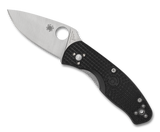 Spyderco Persistence folding knife with thumb hole - shown open presentation side.  Satin 8Cr13MoV stainless steel plain edge blade.  Black FRN handle.  Model C136PBK.
