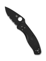 Spyderco Persistence folding knife with thumb hole - shown open presentation side.  Black 8Cr13MoV stainless steel combo edge blade.  Black FRN handle.  Model C136PSBBK.
