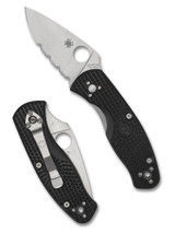 Spyderco Persistence folding knife with thumb hole - shown open presentation side and closed pocket clip side.  Satin 8Cr13MoV stainless steel combo edge blade.  Black FRN handle.  Model C136PSBK.
For reference only.
