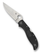 Spyderco Stretch 2 XL folding knife with thumb hole - shown open presentation side.  Satin VG-10 stainless steel plain edge blade.  Black FRN handle.  Model C258PBK.