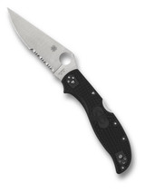 Spyderco Stretch 2 XL folding knife with thumb hole - shown open presentation side.  Satin VG-10 stainless steel combo edge blade.  Black FRN handle.  Model C258PSBK.