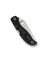Spyderco Stretch 2 XL folding knife with thumb hole - shown closed pocket clip side.  Satin VG-10 stainless steel combo edge blade.  Black FRN handle.  Model C258PSBK.
