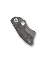 Spyderco Stovepipe folding knife with thumb hole - shown closed pocket clip side.  Stonewash 20CV stainless steel plain edge blade.  Titanium handle.  Model C260TIP.