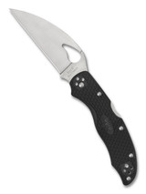 Byrd Harrier 2 folding knife with thumb slot - shown open presentation side.  Satin 8Cr13MoV stainless steel, wharncliffe, plain edge blade.  Black FRN handle.  Model BY01PBKWC2.
