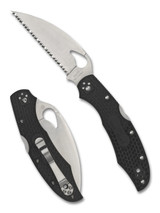 Byrd Knives Cara Cara 2 folding knife with thumb slot - shown both open presentation side and closed pocket clip side. Satin 8Cr13MoV stainless steel, wharncliffe, serrated edge blade. Black FRN handle. Model BY03SBKWC2. Byrd Knives Cara Cara 2 folding knife with thumb slot - shown both open presentation side and closed pocket clip side. Satin 8Cr13MoV stainless steel, wharncliffe, serrated edge blade. Black FRN handle. Model BY03SBKWC2.