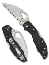 Byrd Knives Meadowlark 2 folding knife with thumb slot - shown both open presentation side and closed pocket clip side. Satin 8Cr13MoV stainless steel, wharncliffe, serrated edge blade. Black FRN handle. Model BY04SBKWC2. Byrd Knives Meadowlark 2 folding knife with thumb slot - shown both open presentation side and closed pocket clip side. Satin 8Cr13MoV stainless steel, wharncliffe, serrated edge blade. Black FRN handle. Model BY04SBKWC2.
