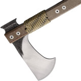 Condor Tool and Knife Tactical P.A.S.S. Hawk Axe - close up of head.  1075 HC steel plain edge head.  Brown Micarta handle.  Model CTK1826-15HC.