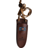Condor Tool and Knife Blue River Neck fixed blade knife - shown in sheath obverse.  1095 HC steel plain edge blade.  Wood and mixed material handle.  Model CTK2839-2.3HC.