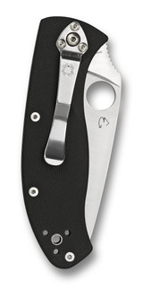 Spyderco Tenacious folding knife with thumb hole - shown closed pocket clip side.  Satin 8Cr13MoV stainless steel plain edge blade.  Black G-10 handle.  C122GP.