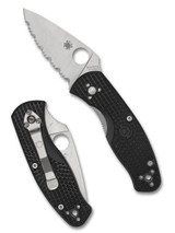 Spyderco Persistence folding knife with thumb hole - shown open presentation side and closed pocket clip side.  Satin 8Cr13MoV stainless steel serrated edge blade.  Black FRN handle.  Model C136SBK.