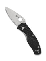 Spyderco Persistence folding knife with thumb hole - shown open presentation side.  Satin 8Cr13MoV stainless steel serrated edge blade.  Black FRN handle.  Model C136SBK.