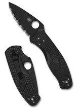 Spyderco Persistence folding knife with thumb hole - shown open presentation side and closed pocket clip side.  Black 8Cr13MoV stainless steel serrated edge blade.  Black FRN handle.  Model C136SBBK.