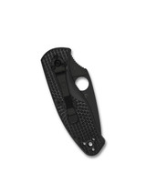 Spyderco Persistence folding knife with thumb hole - shown closed pocket clip side.  Black 8Cr13MoV stainless steel serrated edge blade.  Black FRN handle.  Model C136SBBK.