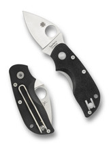 Spyderco Chicago folding knife with thumb hole - shown open presentation side and closed pocket clip side.  Satin CTS-BD1N stainless steel plain edge blade.  Black G-10 handle.  Model C130GP.