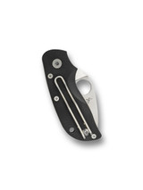 Spyderco Chicago folding knife with thumb hole - shown closed pocket clip side.  Satin CTS-BD1N stainless steel plain edge blade.  Black G-10 handle.  Model C130GP.