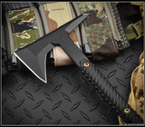 RMJ Tactical Ragnarok 14 tomahawk - shown close up of head out of sheath reverse.  Black Cerakote 80CRV2 steel plain edge head.  Black G-10 handle.  Model R14-BLK-BL.