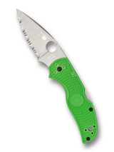Spyderco Native 5 Salt folding knife with thumb hole - shown open presentation side.  Satin LC200N stainless steel serrated edge blade.  Green FRN handle.  Model C41SGR5.