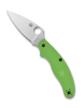 Spyderco UKPK Leaf Salt folding knife with thumb hole - shown closed pocket clip side.  Satin LC200N stainless steel plain edge blade. Green FRN handle.  Model C94PGR.