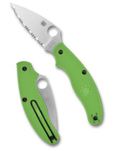 Spyderco UKPK Leaf Salt folding knife with thumb hole - shown open presentation side and closed pocket clip side.  Satin LC200N stainless steel serrated edge blade. Green FRN handle.  Model C94SGR.