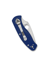 Spyderco Persistence folding knife with thumb hole - shown closed pocket clip side.  Satin S35VN stainless steel combo edge blade.  Blue FRN handle.  Model C136PSBL.