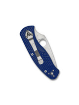Spyderco Persistence folding knife with thumb hole - shown closed pocket clip side.  Satin S35VN stainless steel serrated edge blade.  Blue FRN handle.  Model C136SBL.