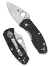 Spyderco Ambitious folding knife with thumb hole - shown open presentation side and closed pocket clip side.  Satin 8Cr13MoV stainless steel plain edge blade.  Black FRN handle.  Model C148PBK.