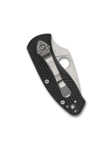 Spyderco Ambitious folding knife with thumb hole - shown closed pocket clip side.  Satin 8Cr13MoV stainless steel plain edge blade.  Black FRN handle.  Model C148PBK.