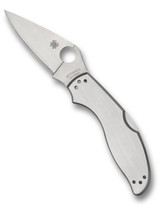 Spyderco UpTern folding knife with thumb hole - shown open presentation side.  Satin 8Cr13MoV stainless steel plain edge blade.  Stainless steel handle.  Model C261P.