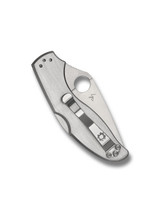 Spyderco UpTern folding knife with thumb hole - shown closed pocket clip side.  Satin 8Cr13MoV stainless steel plain edge blade.  Stainless steel handle.  Model C261P.