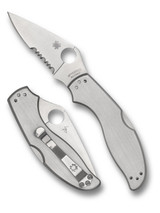 Spyderco UpTern folding knife with thumb hole - shown open presentation side and closed pocket clip side.  Satin 8Cr13MoV stainless steel combo edge blade.  Stainless steel handle.  Model C261PS.
