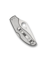 Spyderco UpTern folding knife with thumb hole - shown closed pocket clip side.  Satin 8Cr13MoV stainless steel combo edge blade.  Stainless steel handle.  Model C261PS.