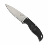 Spyderco Enuff 2 Leaf fixed blade knife - shown out of sheath reverse.  Satin VG-10 stainless steel serrated edge blade.  Black FRN handle.  Model FB31SBK2.