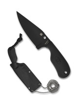 Spyderco Perrin Subway Bowie fixed blade knife - shown out of sheath obverse and in sheath obverse. Black LC200N stainless steel plain edge blade. Black FRN handle. Model FB48PBBK. Spyderco Perrin Subway Bowie fixed blade knife - shown out of sheath obverse and in sheath obverse. Black LC200N stainless steel plain edge blade. Black FRN handle. Model FB48PBBK.