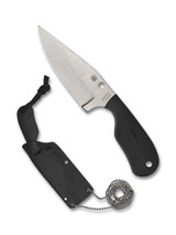 Spyderco Perrin Subway Bowie fixed blade knife - shown out of sheath obverse and in sheath obverse. Satin LC200N stainless steel plain edge blade. Black FRN handle. Model FB48PBK. Spyderco Perrin Subway Bowie fixed blade knife - shown out of sheath obverse and in sheath obverse. Satin LC200N stainless steel plain edge blade. Black FRN handle. Model FB48PBK.