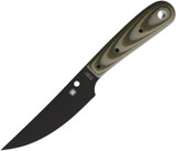 Spyderco Bow River Blue Ridge Knives Exclusive fixed blade knife - shown out of sheath reverse.  Black 8Cr13MoV stainless steel plain edge blade.  OD Green - Tan G-10 handle.  Model FB46GPODBK.