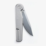 Tactile Knife Co Rockwall folding knife with a thumb stud - shown partially open pocket clip side.  Stonewashed MagnaCut stainless steel plain edge blade.  Titanium handle.  Model 20-RT-MC01-TT01.