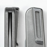Tactile Knife Co Rockwall folding knife with a thumb stud - close up of pocket clip and blade tip in closed position.  Stonewashed MagnaCut stainless steel plain edge blade.  Titanium handle.  Model 20-RT-MC01-TT01.