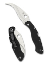 Spyderco Civilian folding knife with thumb hole - shown open presentation side and closed pocket clip side.  Satin VG-10 stainless steel serrated edge blade.  Black G-10 handle.  Model C12GS. Spyderco Civilian folding knife with thumb hole - shown open presentation side and closed pocket clip side.  Satin VG-10 stainless steel serrated edge blade.  Black G-10 handle.  Model C12GS.