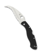 Spyderco Civilian folding knife with thumb hole - shown open presentation side.  Satin VG-10 stainless steel serrated edge blade.  Black G-10 handle.  Model C12GS.
