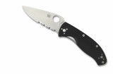Spyderco Tenacious folding knife with thumb hole - shown open presentation side.  Satin 8Cr13MoV stainless steel combo edge blade.  Black G-10 handle.  C122GPS.